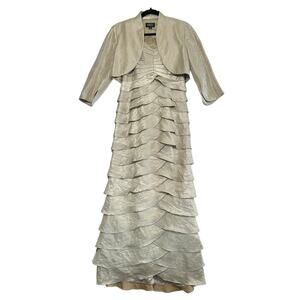 Adrianna Papell Satin Tiered Maxi Gown & Bolero 2 Piece Set Dress 6 Champagne